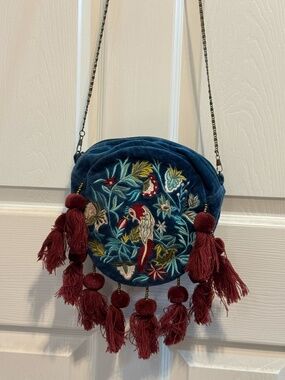 Curations Embroidered Velvet Bird Crossbody Bag Tassel Boho NWT